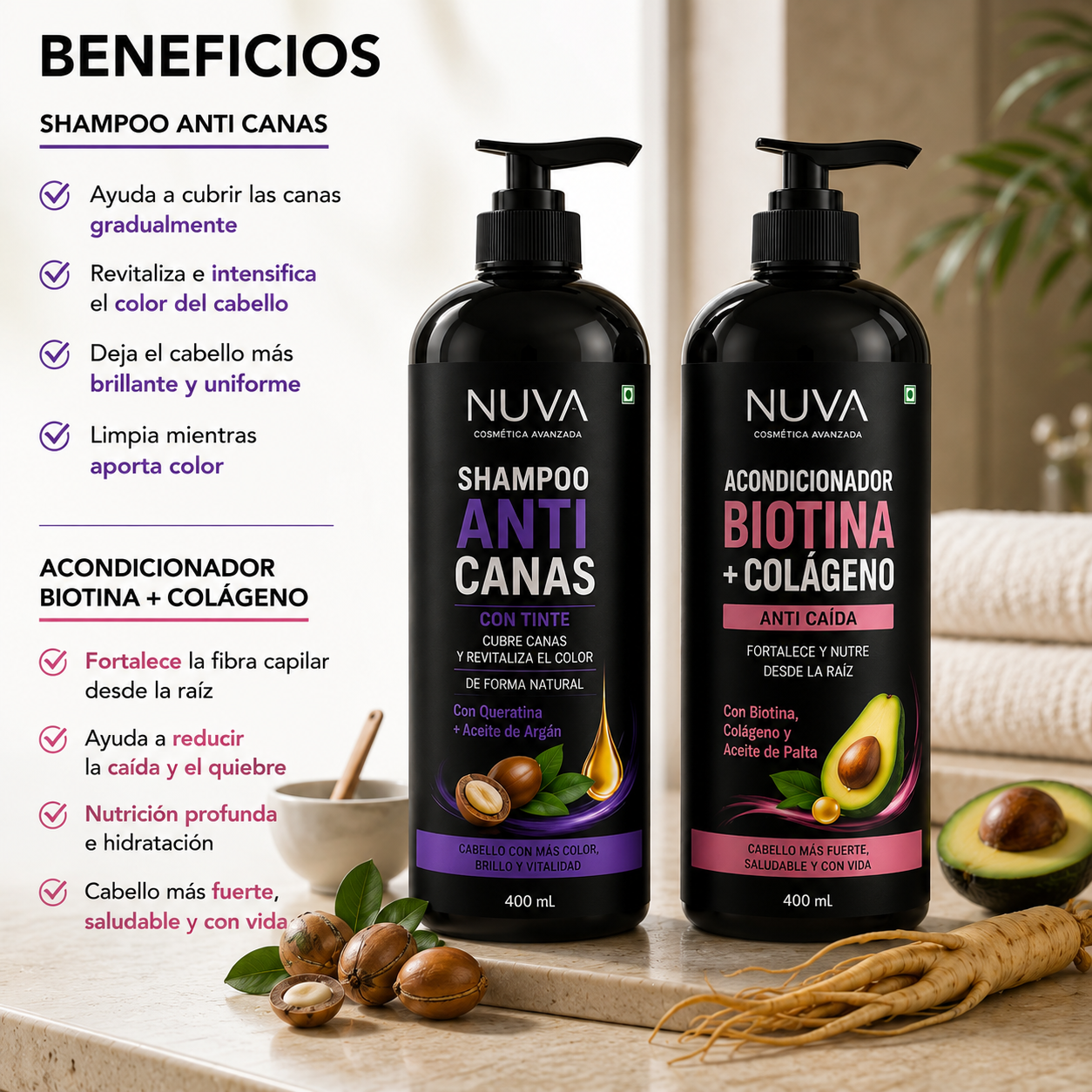 2X1 SHAMPOO TINTE INSTANTANEO ANTI-CANAS + ACONDICIONADOR BIOTINA + COLAGENO DE REGALO