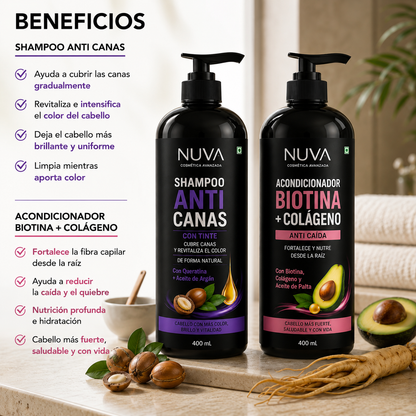 2X1 SHAMPOO TINTE INSTANTANEO ANTI-CANAS + ACONDICIONADOR BIOTINA + COLAGENO DE REGALO